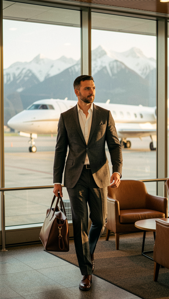 Man in dark suit carrying leather bag at private jet terminal