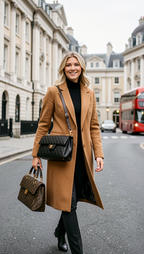 Woman in camel coat walking on London street with designer bags