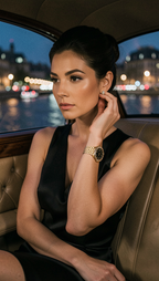 Woman in black dress wearing gold watch in a luxury car at night