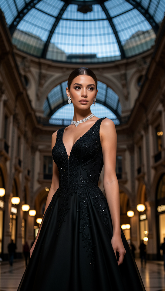 Woman in black gown with diamond jewelry in luxury gallery